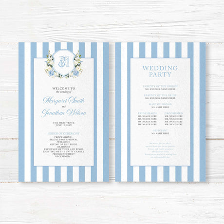 Wedding program with powder blue and white vertical stripes, floral crest of hydrangeas and roses, white panel with classic fonts, perfect for romantic spring weddings.