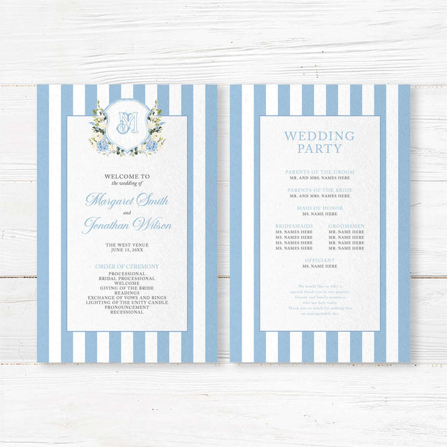 Wedding program with powder blue and white vertical stripes, floral crest of hydrangeas and roses, white panel with classic fonts, perfect for romantic spring weddings.