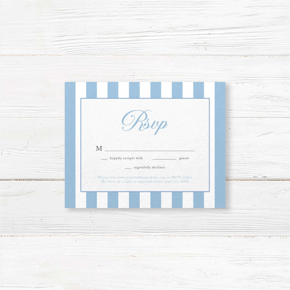 This RSVP card from the Hydrangea Crest suite features coordinating blue and white stripes, elegant serif fonts, and the floral monogram crest that sets the tone for a beautiful celebration. A perfect match for your invitation, this printed card adds grace and functionality to your suite.