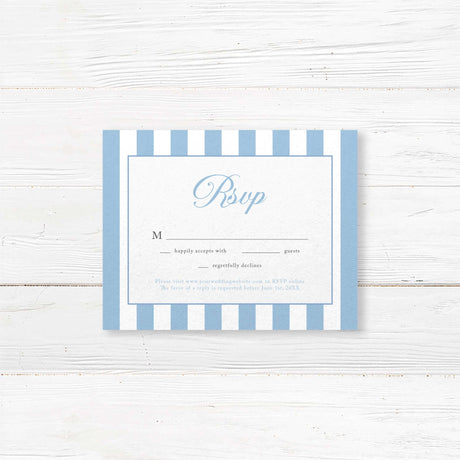 This RSVP card from the Hydrangea Crest suite features coordinating blue and white stripes, elegant serif fonts, and the floral monogram crest that sets the tone for a beautiful celebration. A perfect match for your invitation, this printed card adds grace and functionality to your suite.