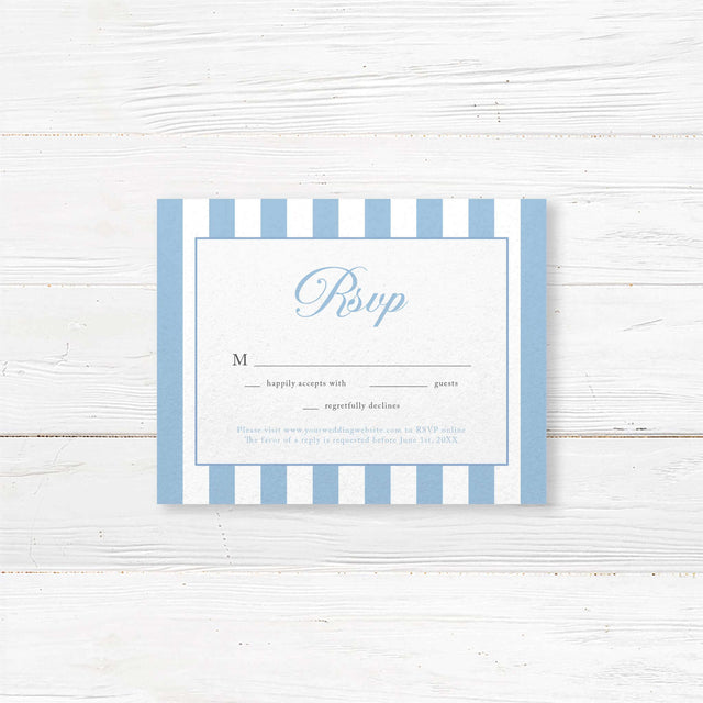 This RSVP card from the Hydrangea Crest suite features coordinating blue and white stripes, elegant serif fonts, and the floral monogram crest that sets the tone for a beautiful celebration. A perfect match for your invitation, this printed card adds grace and functionality to your suite.