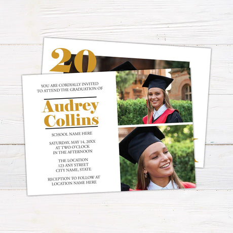 Custom printed graduation announcement featuring a bold Class Year frame with a personalized graduate photo, elegant typography, and a sleek modern design. This high-quality keepsake card is fully customized with the graduate’s name, class year, and school details, printed on premium cardstock, perfect for high school or college graduation celebrations.
gold back