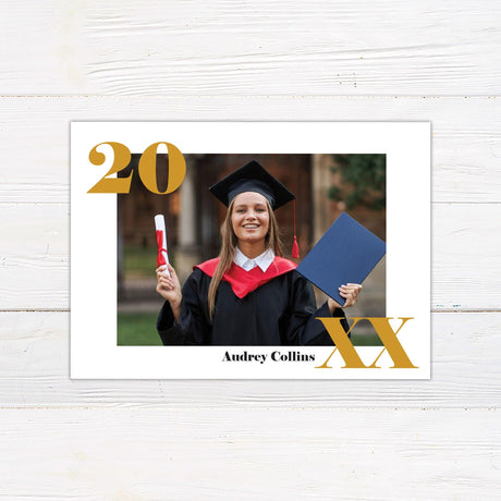 Custom printed graduation announcement featuring a bold Class Year frame with a personalized graduate photo, elegant typography, and a sleek modern design. This high-quality keepsake card is fully customized with the graduate’s name, class year, and school details, printed on premium cardstock, perfect for high school or college graduation celebrations.
gold