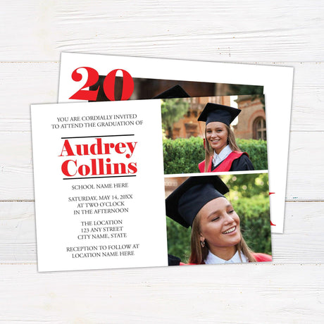 Custom printed graduation announcement featuring a bold Class Year frame with a personalized graduate photo, elegant typography, and a sleek modern design. This high-quality keepsake card is fully customized with the graduate’s name, class year, and school details, printed on premium cardstock, perfect for high school or college graduation celebrations.
red back