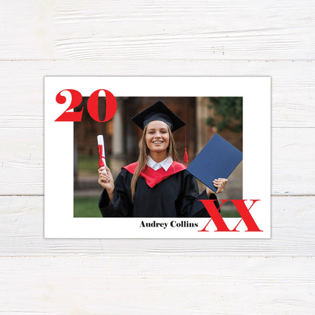 Custom printed graduation announcement featuring a bold Class Year frame with a personalized graduate photo, elegant typography, and a sleek modern design. This high-quality keepsake card is fully customized with the graduate’s name, class year, and school details, printed on premium cardstock, perfect for high school or college graduation celebrations.
red back