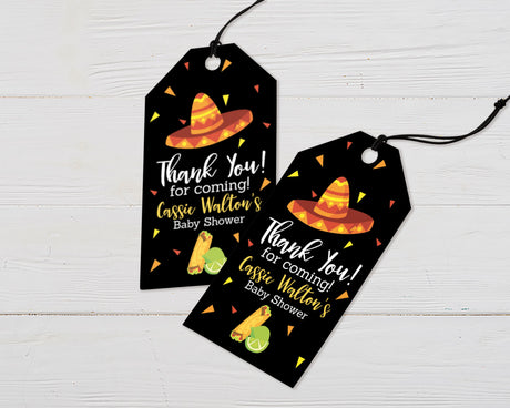 Let's Taco Bout a Baby Favor Tags with sombrero design, colorful confetti, and taco images on a black background for baby showers.