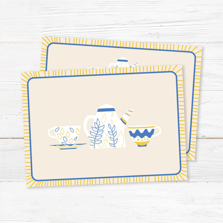 Elegant tea party bridal shower invitation featuring blue and gold teapot and teacup illustrations, printed on premium cardstock. Back