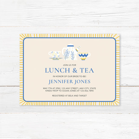 Elegant tea party bridal shower invitation featuring blue and gold teapot and teacup illustrations, printed on premium cardstock.