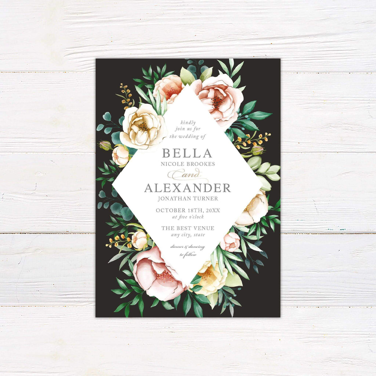 Lush Botanical Wedding Invite– Elegant Florals with Dark Background ...