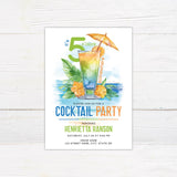 Tropical cocktail party invitation featuring a vibrant watercolor design. A colorful cocktail with an orange slice and a small umbrella sits against a beachside backdrop with lush green leaves and bright hibiscus flowers. The phrase "It's 5 o'clock somewhere" is displayed in bold, playful typography. Event details, including the honoree's name, date, time, and location, are arranged in blue, green, and orange fonts. A fun and festive design perfect for a summer or tropical-themed celebration. 