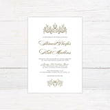 Wedding invitation with gold floral scroll accents, elegant script and serif fonts, and customizable formal event details on white background