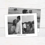 Personalized black and white Christmas photo card featuring a large couple's portrait with an elegant Merry Christmas greeting. The reverse includes multiple photo spaces for sharing additional favorite memories.