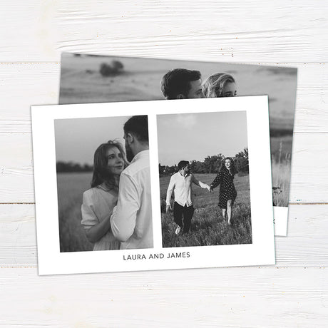 Personalized black and white Christmas photo card featuring a large couple's portrait with an elegant Merry Christmas greeting. The reverse includes multiple photo spaces for sharing additional favorite memories.
