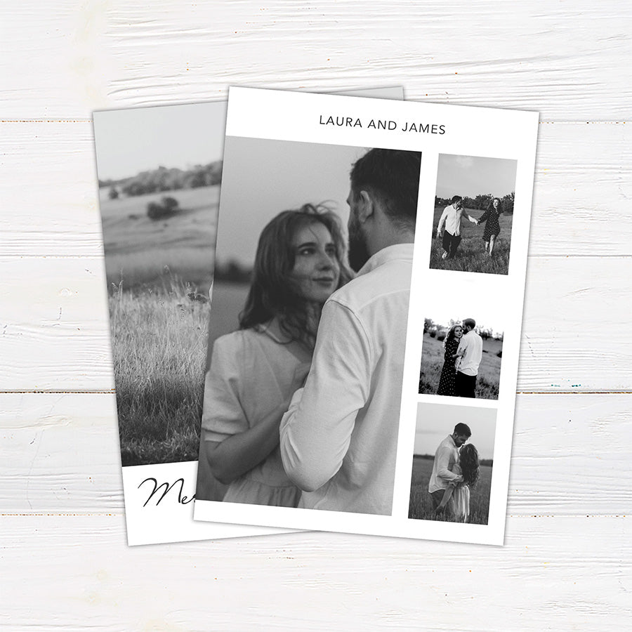 Personalized black and white Christmas photo card featuring a large couple's portrait with an elegant Merry Christmas greeting. The reverse includes multiple photo spaces for sharing additional favorite memories.