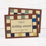 Personalized holiday card featuring a geometric color block pattern with a Happy Holidays greeting and custom family details. Coordinating options include a family photo layout and personalized seasonal message.