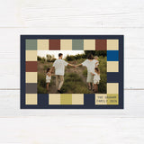 Personalized holiday card featuring a geometric color block pattern with a Happy Holidays greeting and custom family details. Coordinating options include a family photo layout and personalized seasonal message.