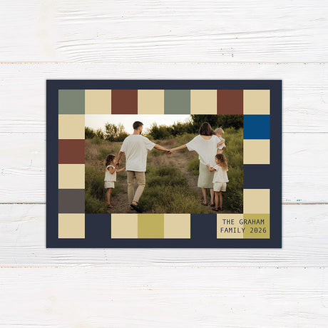 Personalized Modern Color Block holiday card featuring a geometric color block pattern with a Happy Holidays greeting and custom family details. Coordinating options include a family photo layout and personalized seasonal message.