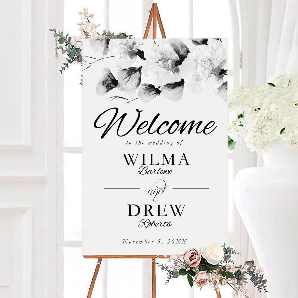 Monochrome Big Florals Invitation - goprintplus