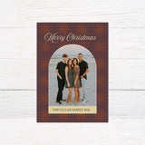 Personalized Christmas photo card featuring a family portrait framed by a retro starburst pattern and Merry Christmas greeting. The back includes coordinating starbursts with a Christmas and New Year message.