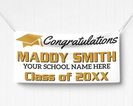 Custom graduation banner featuring bold graduate name, class year, and a mortarboard hat graphic. Ideal for high school or college graduation parties. gold and black