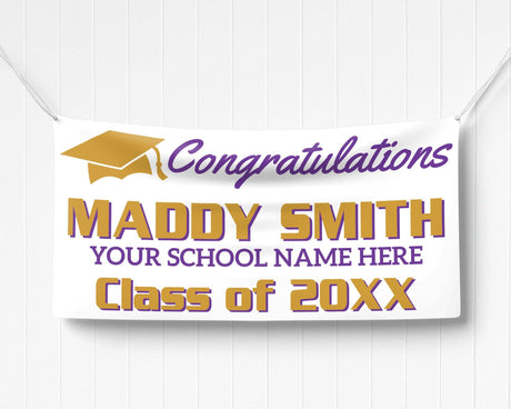 Custom graduation banner featuring bold graduate name, class year, and a mortarboard hat graphic. Ideal for high school or college graduation parties. purple and gold