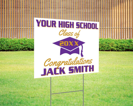 Custom graduation yard sign featuring a simple mortarboard cap design, personalized class year, school name, and congratulations message. Printed on durable Coreplast plastic, available in custom colors and single or double-sided print, perfect for high school and college graduates. purple