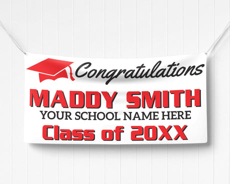 Custom graduation banner featuring bold graduate name, class year, and a mortarboard hat graphic. Ideal for high school or college graduation parties.