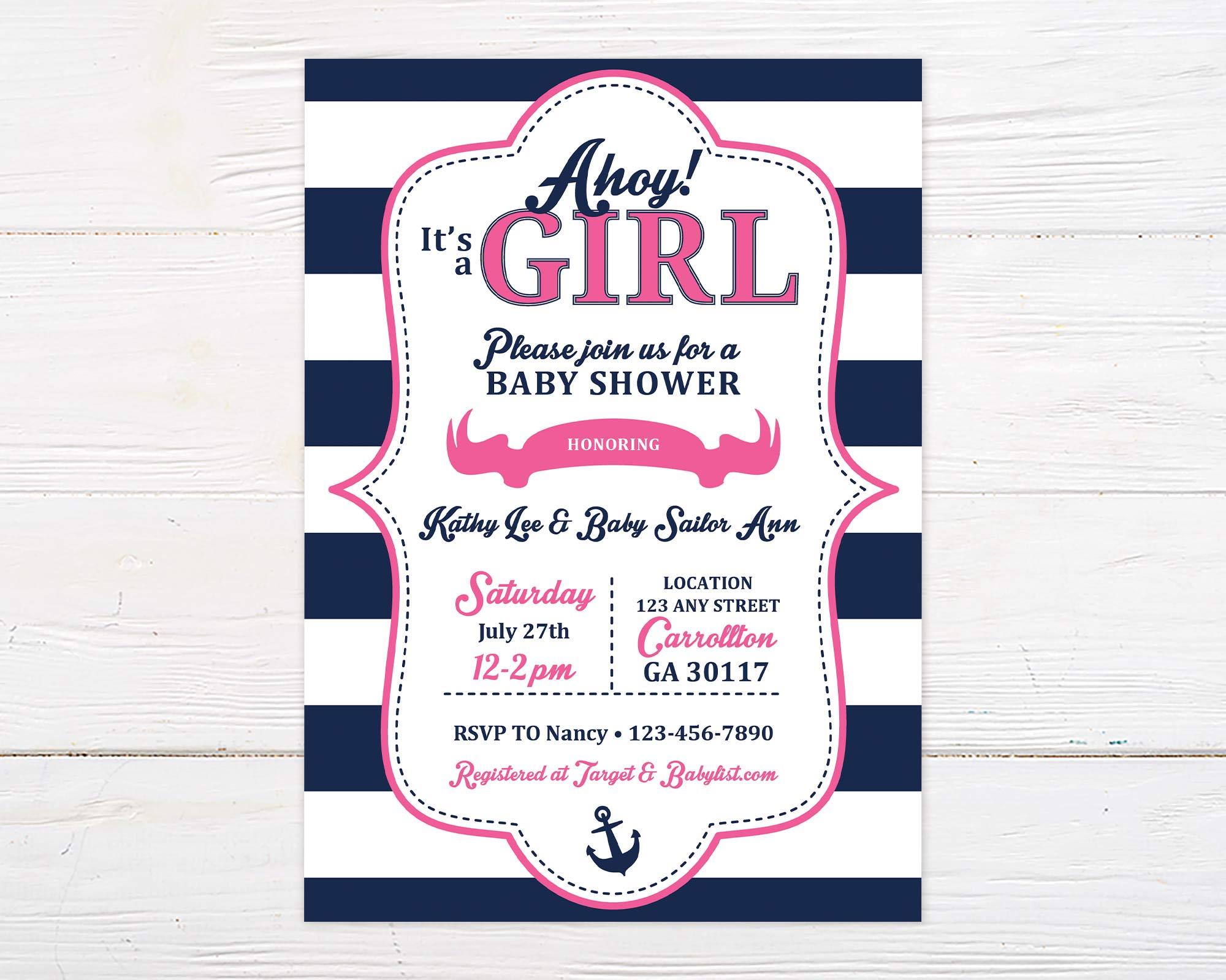 Nautical girl baby shower hot sale invitations