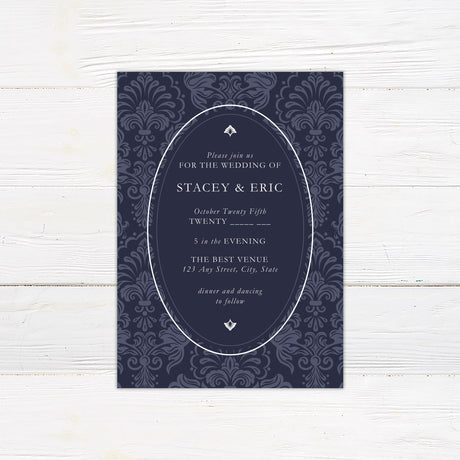 Navy Damask Invitations - goprintplus