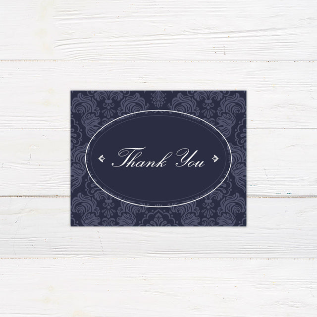 Navy Damask Thank You Card - goprintplus