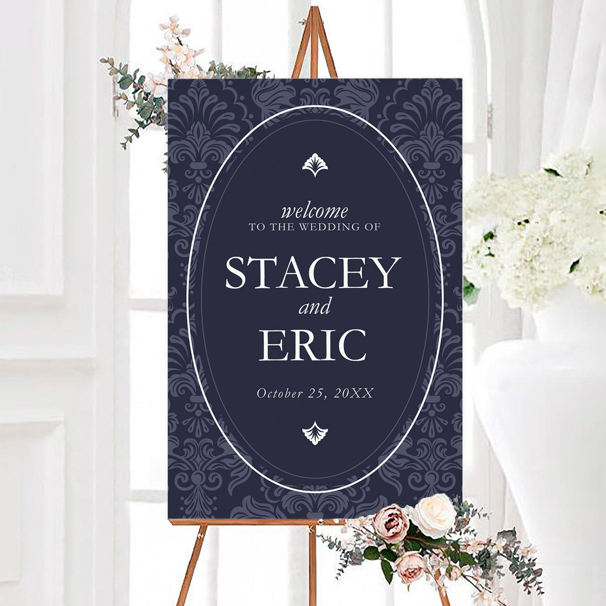 Navy Damask Invitations - goprintplus