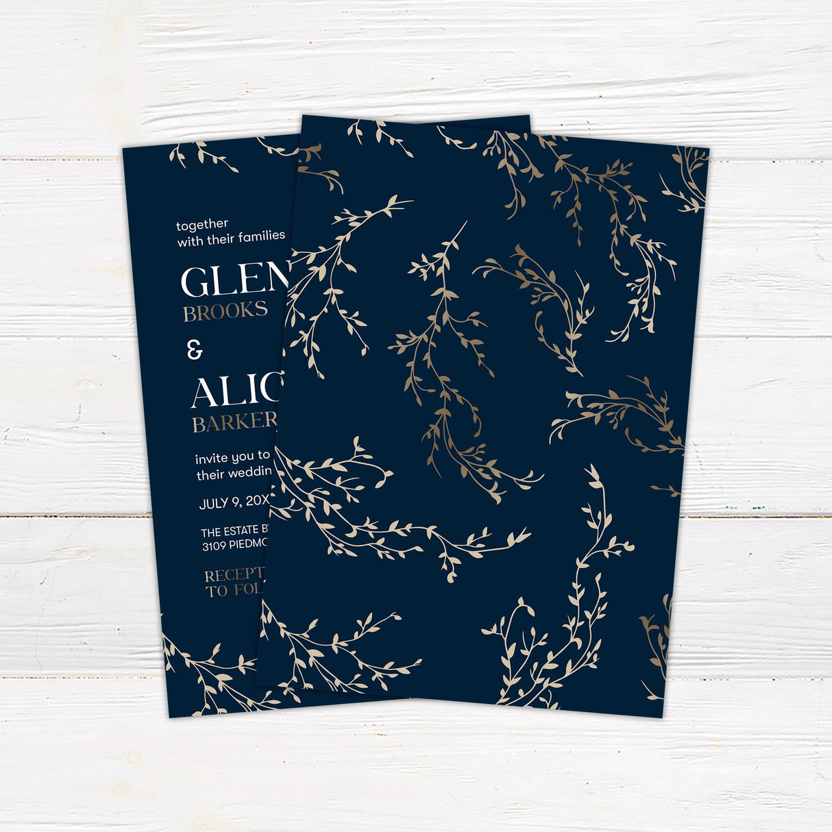 Navy Gold Branch Invitations - goprintplus