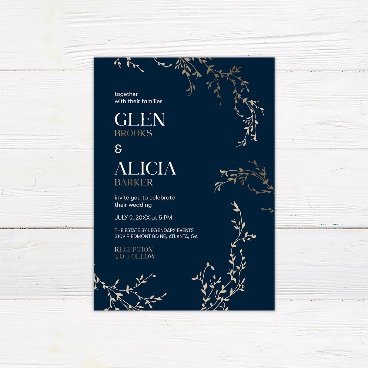 Navy Gold Branch Invitations - goprintplus