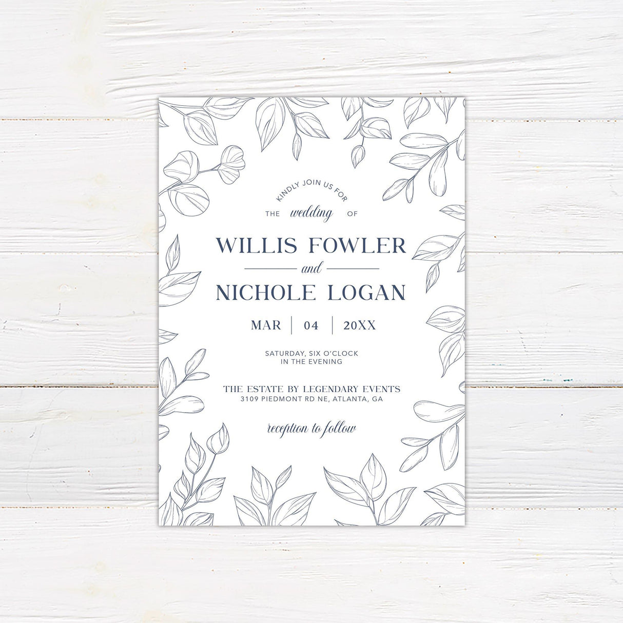 Navy Outlined Leaves Invitation - goprintplus