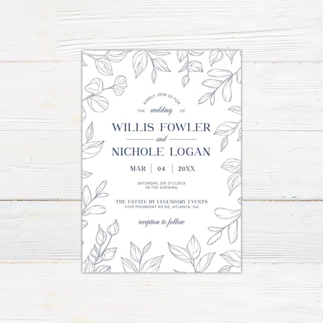 Navy Outlined Leaves Invitation - goprintplus