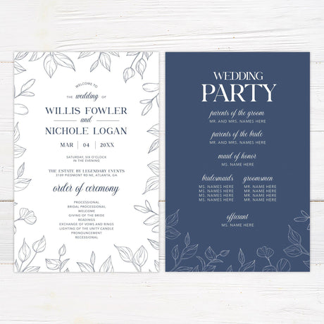 Navy Outlined Leaves Invitation - goprintplus