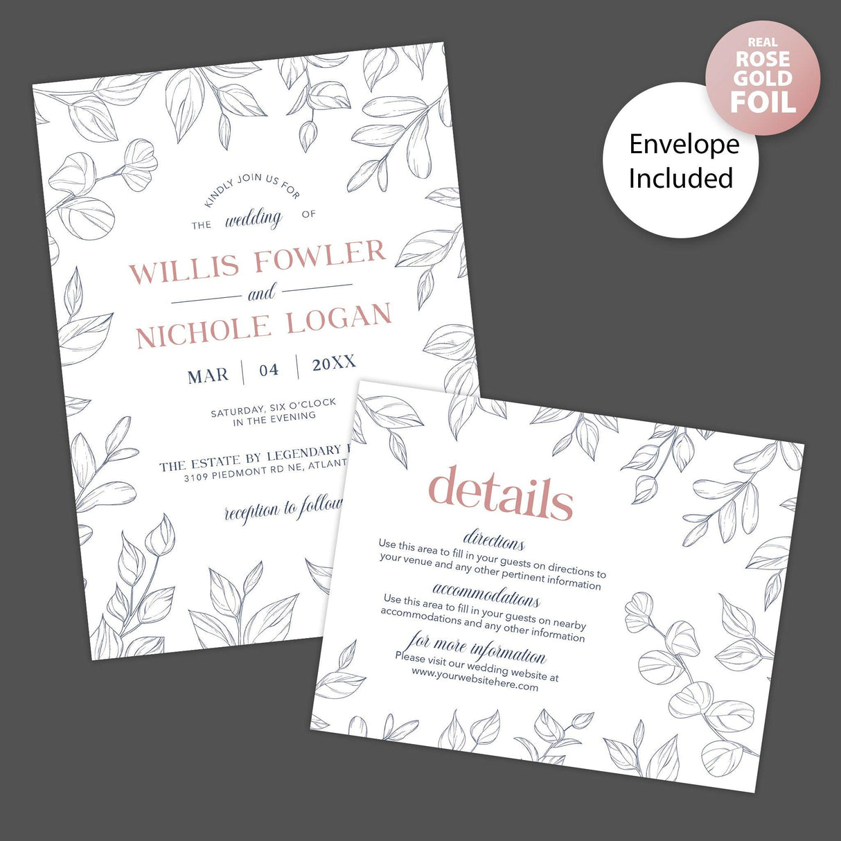 Navy Outlined Leaves Foil Invitation - goprintplus