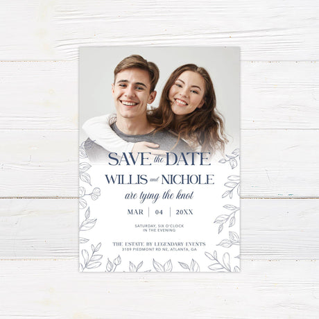 Navy Outlined Leaves Invitation - goprintplus