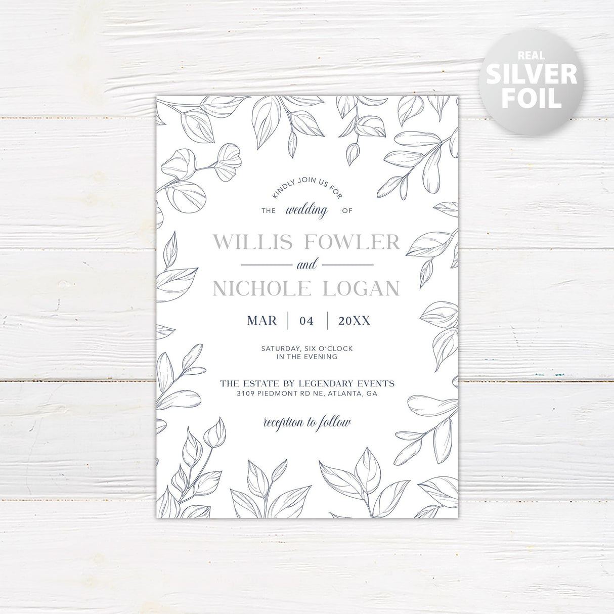 Navy Outlined Leaves Foil Invitation - goprintplus