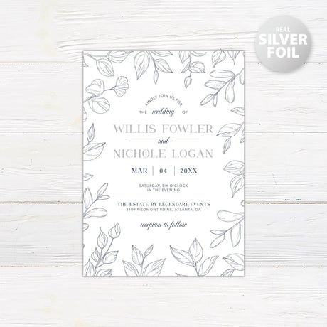 Navy Outlined Leaves Foil Invitation - goprintplus