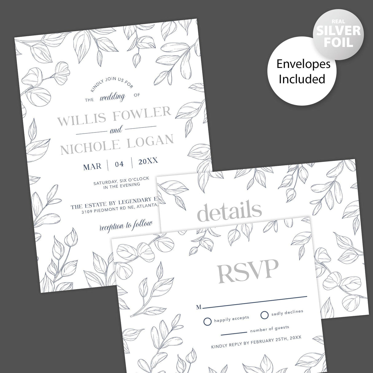 Navy Outlined Leaves Foil Invitation - goprintplus