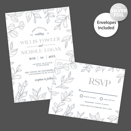 Navy Outlined Leaves Foil Invitation - goprintplus