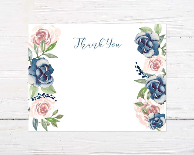 Navy and Pink Roses Thank You Card - goprintplus