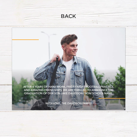 Customizable gatefold graduation invitation featuring a bold graduation year on the front, three photos included, modern design, and editable colors. Back.