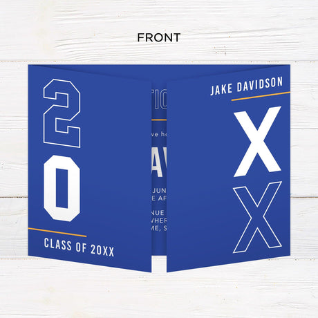 Customizable gatefold graduation invitation featuring a bold graduation year on the front, three photos included, modern design, and editable colors. Front.