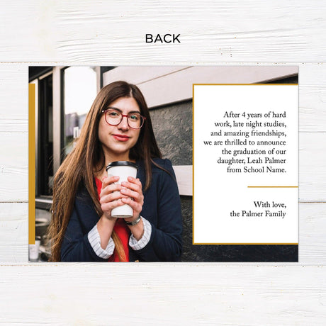 Customizable gatefold graduation invitation with four photos, a special section for a personal message from the graduate, and a bold, modern design. Features editable colors for a fully personalized look. Back.