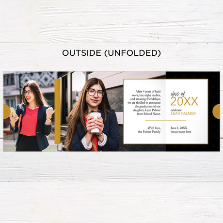 Customizable gatefold graduation invitation with four photos, a special section for a personal message from the graduate, and a bold, modern design. Features editable colors for a fully personalized look. Outside Unfolded.