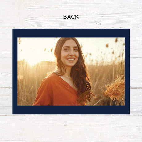 Customizable gatefold graduation invitation with five photos, featuring a minimalist design and a designated space for a favorite scripture. Personalizable color options available. Back.