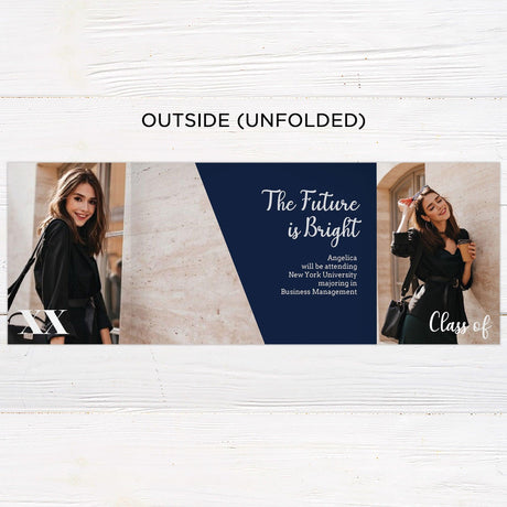 Customizable gatefold graduation invitation with a modern three-photo layout. Elegant and stylish design for high school or college seniors. Inside.