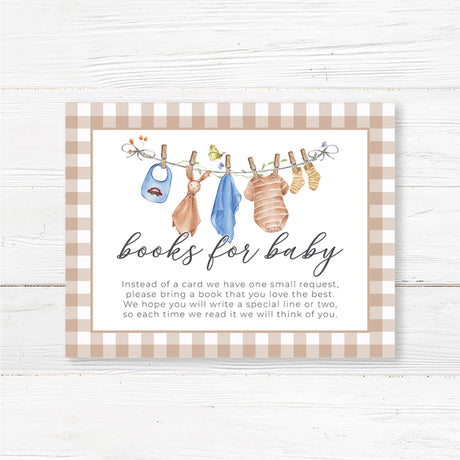 Printed books for baby insert card with a watercolor blue baby clothesline design featuring baby bibs, socks, and rompers. This insert asks guests to bring a book instead of a greeting card, creating a meaningful keepsake for the baby. Ideal for baby boy showers, gender-neutral sprinkles, or vintage baby themes. Printed on high-quality cardstock, fits perfectly inside invitations, and enhances a rustic or boho baby shower theme.